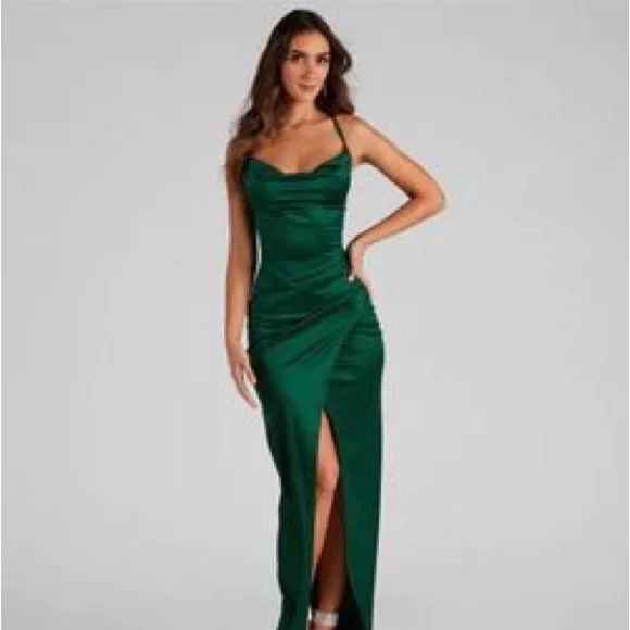 slim fit dress slacks Daphne Stunning Corset High Slit Satin Formal Dresses, Black